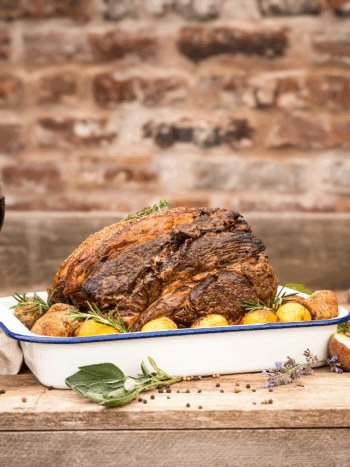 an cooked organic beef roasting joint on a table at Rhug estate