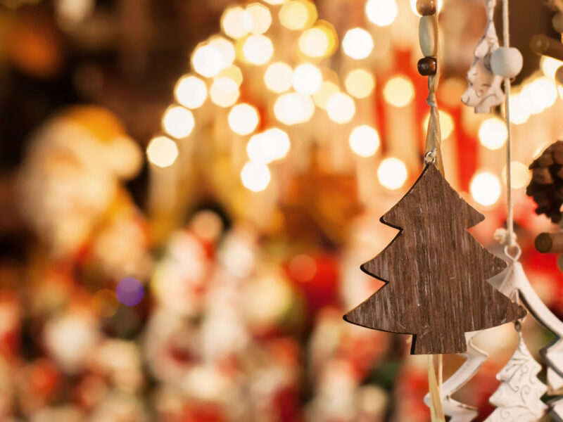 Christmas decorations and gifts for sale at a fair