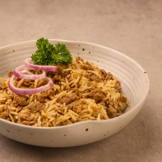 A bowl of lamb keema with rice