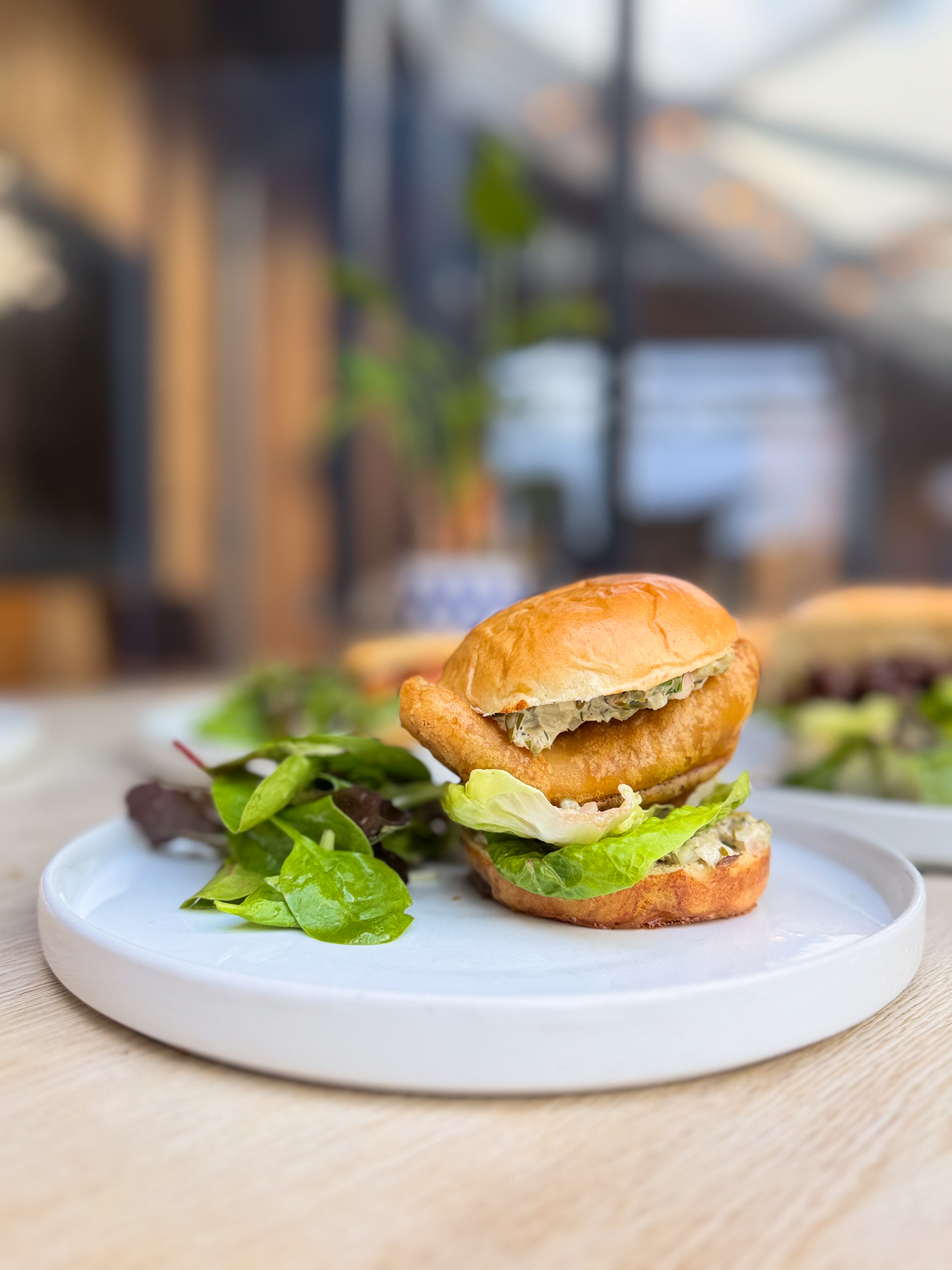 Fish finger sandwich, with chunky tartare sauce and fresh green salad