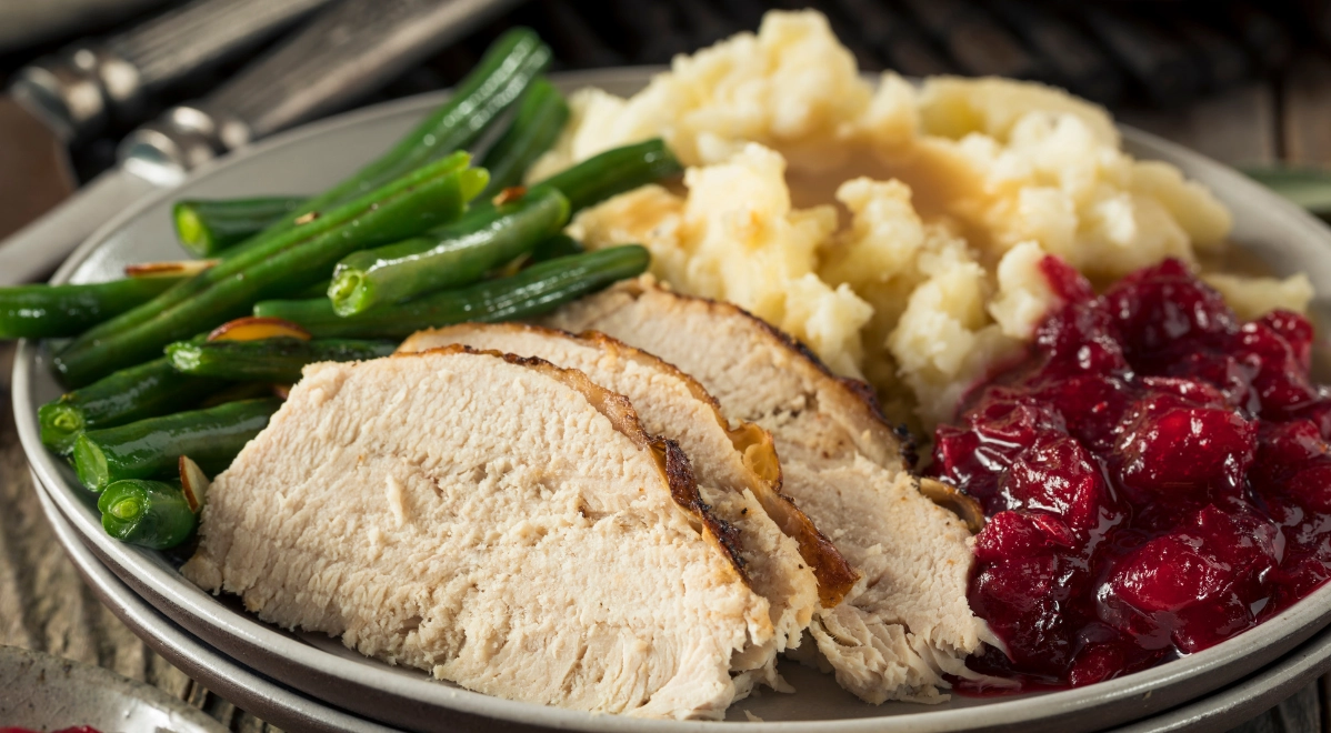 A plate of sliced roasted turkey breast